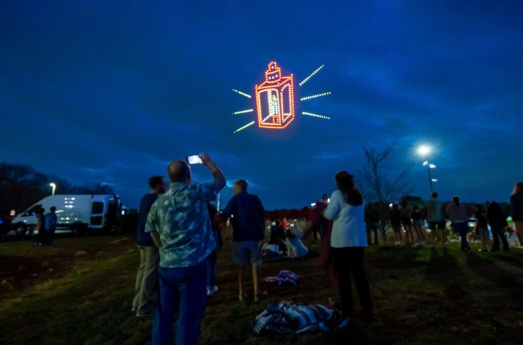 Drones form the image of one of the famed Revolutionary lanterns. Photo: Stephen Beyer/The Acton Bridge