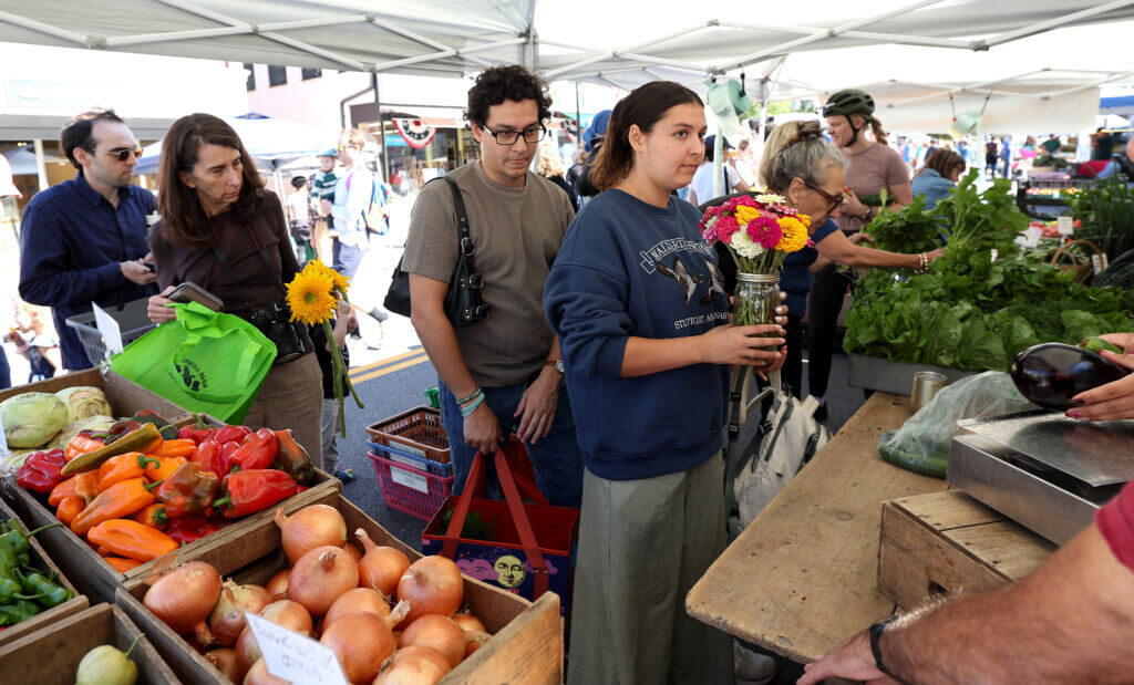 People line up to pay for their goods at the Hutchins Farm booth.
