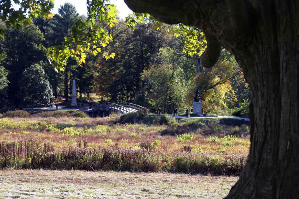 A few visitors roamed Minute Man National Historical Park on Wednesday morning despite parking lot and visitor center closures. Photo: Dakota Antelman/The Acton Bridge