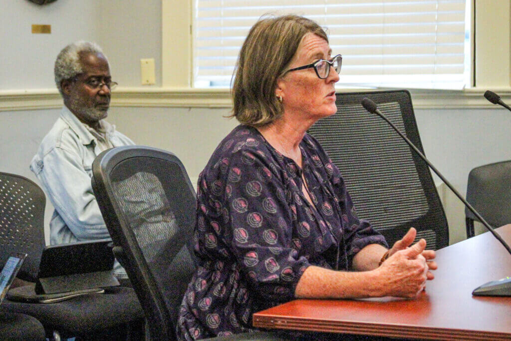 Economic Vitality Manager Mimi Graney, right, addresses the Select Board as School Committee member Michael Williams listens. Photo: Dakota Antelman/The Acton Bridge