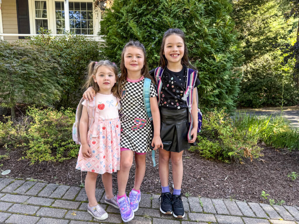 Left to right, Callie Jiang, 3, is starting pre-K at Acton Carousel; Joy Jiang, 5, is in kindergarten at Thoreau Elementary School; Summer Jiang, 6, is a first grader at Thoreau.