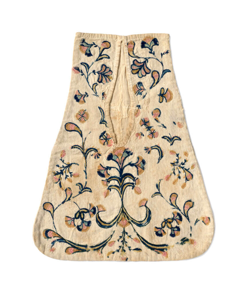 An elaborately embroidered tie-on pocket that 18th-century women would have worn under their clothing to carry their possessions. From the Acton Museum Collection