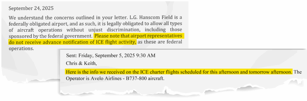 Hanscom Field Director Christopher Willenborg told airport advisors that officials didn’t get a heads up about ICE flights (top) despite receiving a notice just weeks earlier about at least one set of flights (bottom). Illustration: Kim Carpenter/The Acton Bridge