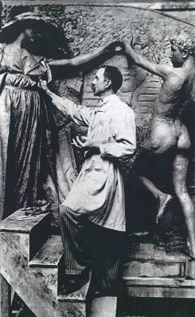 Daniel Chester French working on the Milmore Memorial in his New York studio, 1891. Photo by Edwin S. Bennett, New York