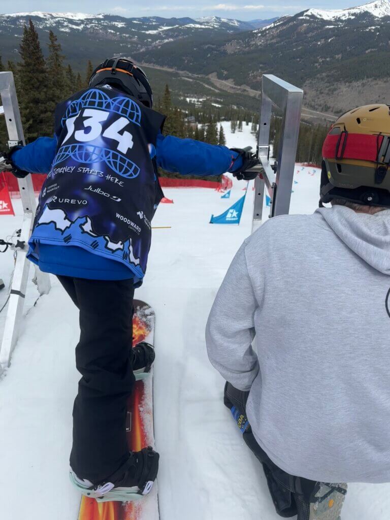 Brady, a Willard Elementary fourth grader, about to leave the starting gate in the grommet division giant slalom event at the national championships. Photo by Robert Bergholtzer