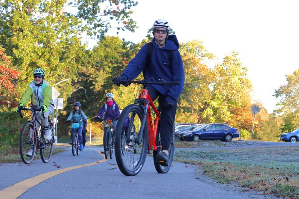 Jack Strazik leads the pack as students head for the Ellen Garrison Building at Acton Middle School. Photo: Trace Salzbrenner/The Acton Bridge