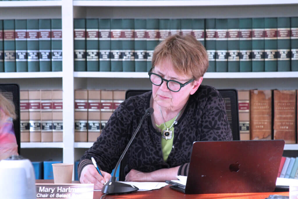 Select Board chair Mary Hartman takes notes during a May 13 meeting. Photo: Dakota Antelman/The Acton Bridge
