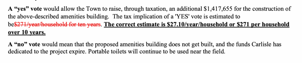A screenshot shows the section of a recent voter information packet where officials fixed an erroneous tax impact estimate for the proposed Acton-Carlisle High School amenities building. Image via Town of Acton