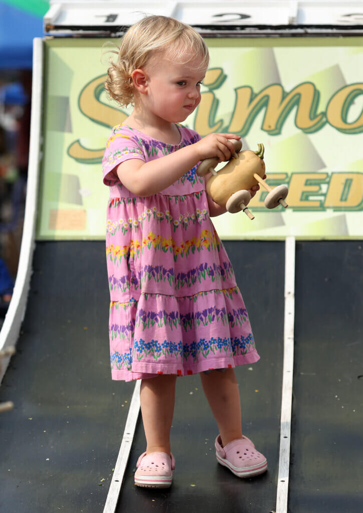 Annabelle Stone, 1, of Acton, collects her veggie racer. Photo: Ken McGagh/The Acton Bridge 

