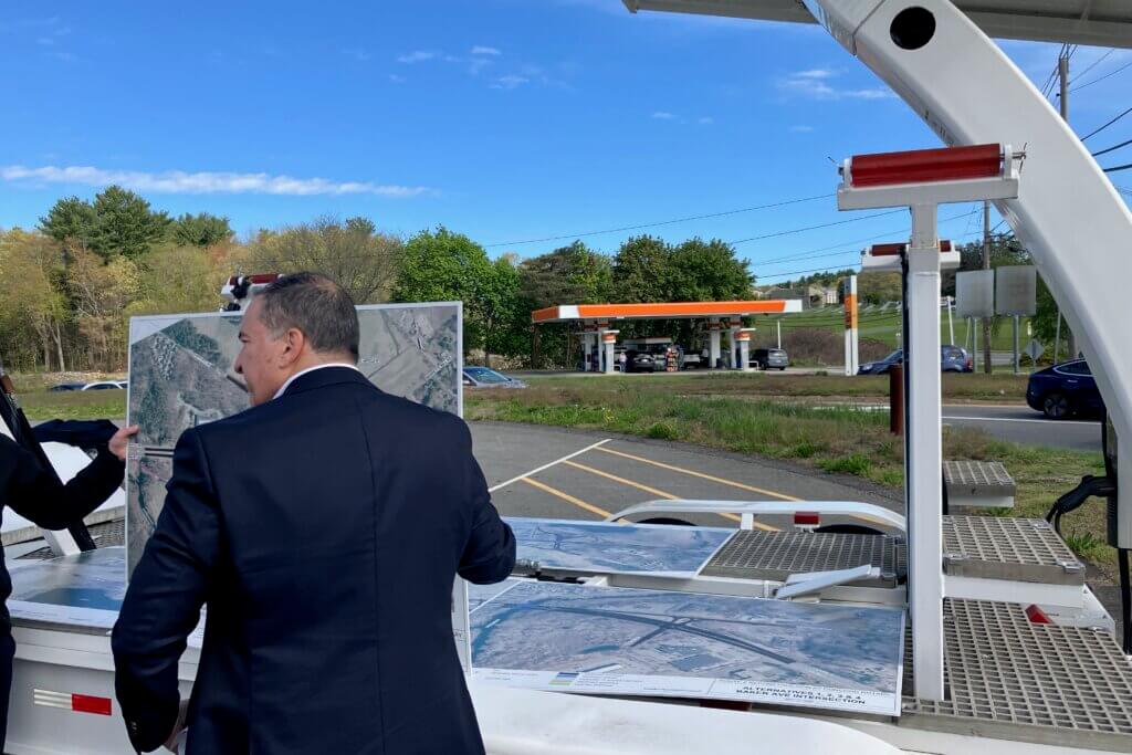 Each replacement concept up for discussion would involve razing and paving over the Gulf gas station at the Acton rotary. Photo: Dakota Antelman/The Acton Bridge