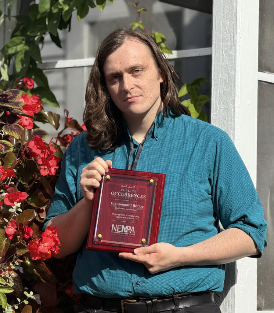 Municipal Reporter Dakota Antelman accepted the award at a press association ceremony in Sturbridge. Photo: Celeste Katz Marston/ The Acton Bridge