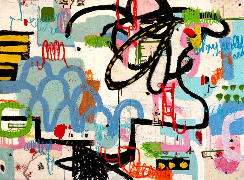 Corcelle’s creation, “Cherry Blossom,” incorporates scrawled words that add mystery and interest to a piece. Courtesy image