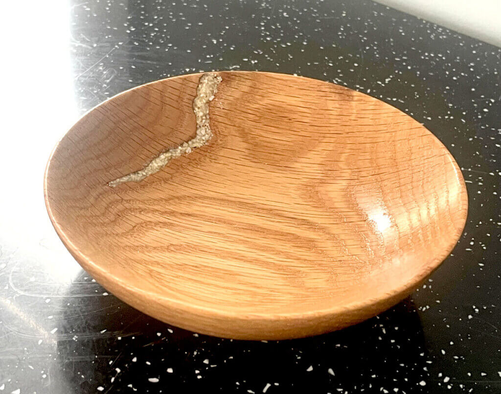 One of Dan Kopcso’s wooden bowls, which “gives new life” to a downed oak tree on his Acton property. Courtesy photo