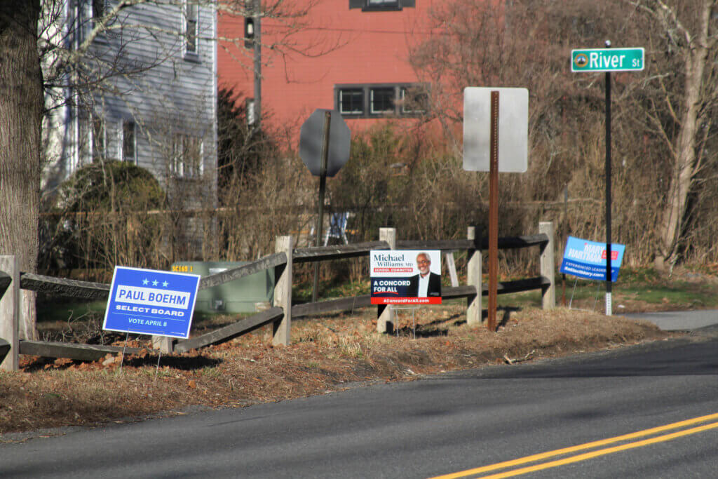 Paul Boehm, Michael Williams, and Mary Hartman are one cluster of candidates whose signs often appear together. Photo: Dakota Antelman/The Acton Bridge