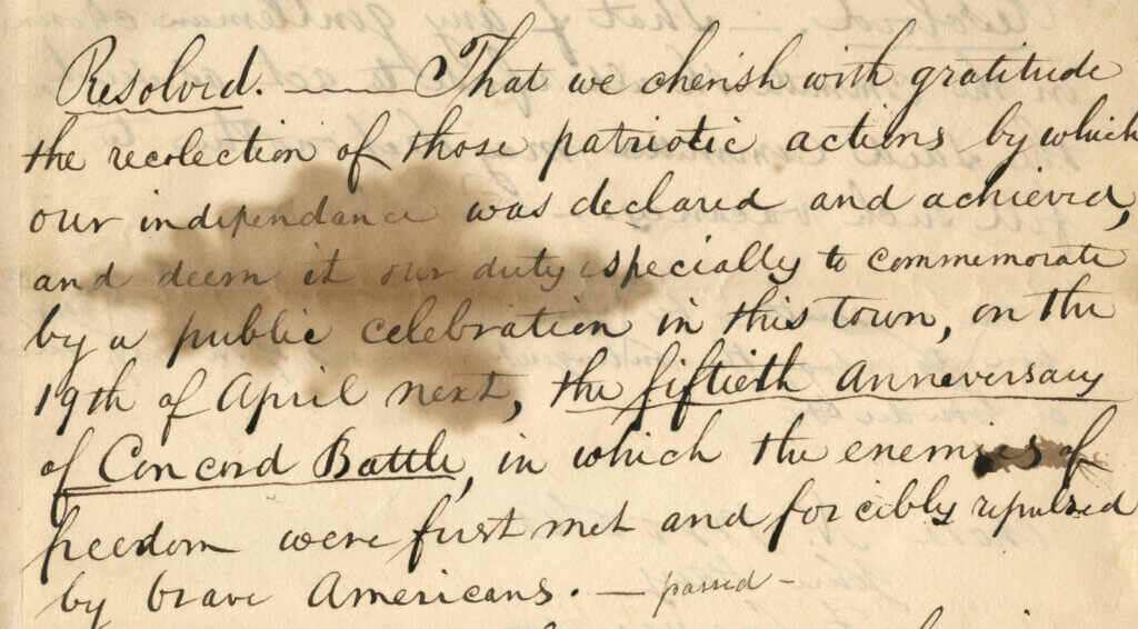 Approval for an 1825 commemoration was noted in town records. Image courtesy of Special Collections, Acton Free Public Library