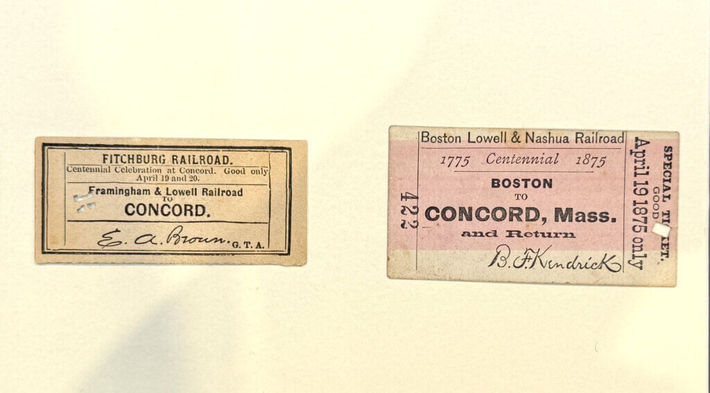 A pair of train tickets from 1875. The trains got so overloaded that they had to shut down. Tickets courtesy of Special Collections, Acton Free Public Library