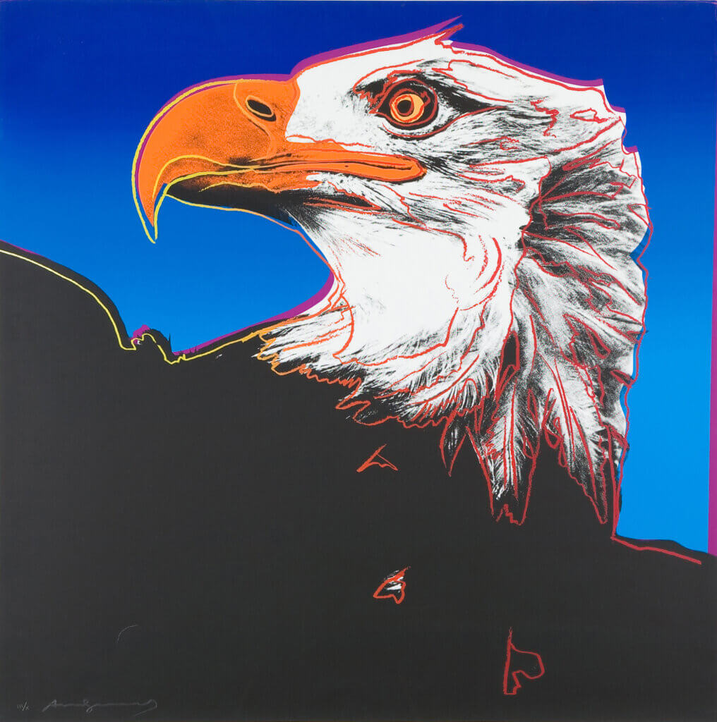 Andy Warhol’s 1983 silkscreen “Bald Eagle” is on loan to the library through July 31 and is displayed in the Goodwin Forum. Image courtesy of Mass Audubon Collection; gift of the artist.