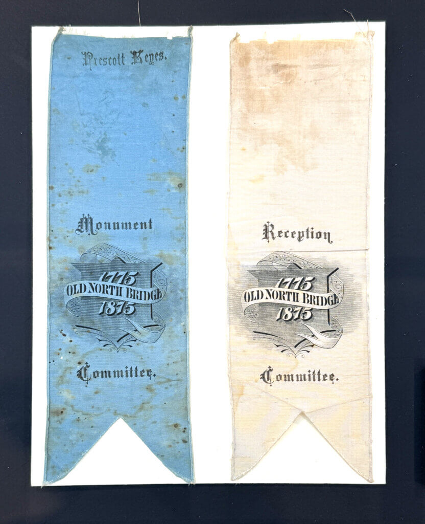 Ribbons were worn by committee members in 1875. Items from Special Collections, Acton Free Public Library