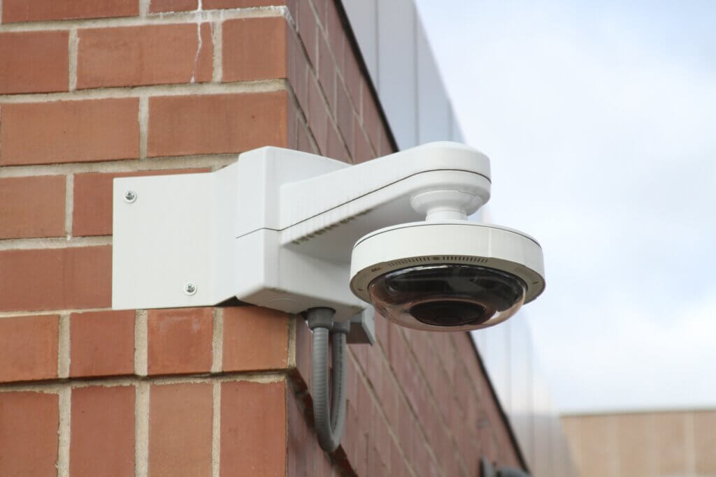 An existing security camera overlooks the parking lot at Beede Swim and Fitness Center. Photo: Dakota Antelman/The Acton Bridge