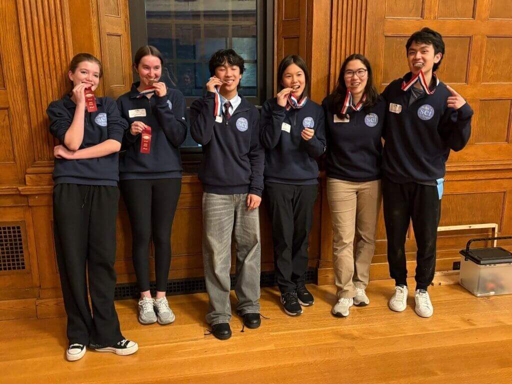 Science Olympiad medalists from CCHS are (from left) Lauren Wright, Julia Shtiliyanova, Jason Shang, Maggie Li, Gabrielle Whidden, and Evan Wang. Photo by Noah Arthur