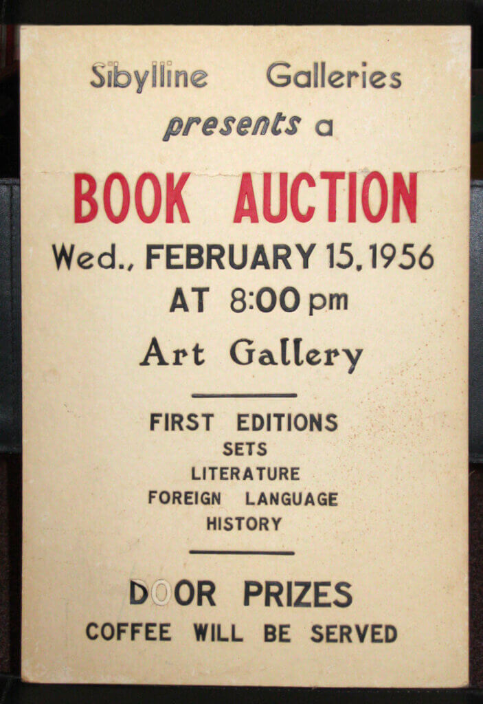 A poster advertising an auction run by Sybilline Books, which Stoddard and a classmate started when they were undergraduates at Brown University. Courtesy photo