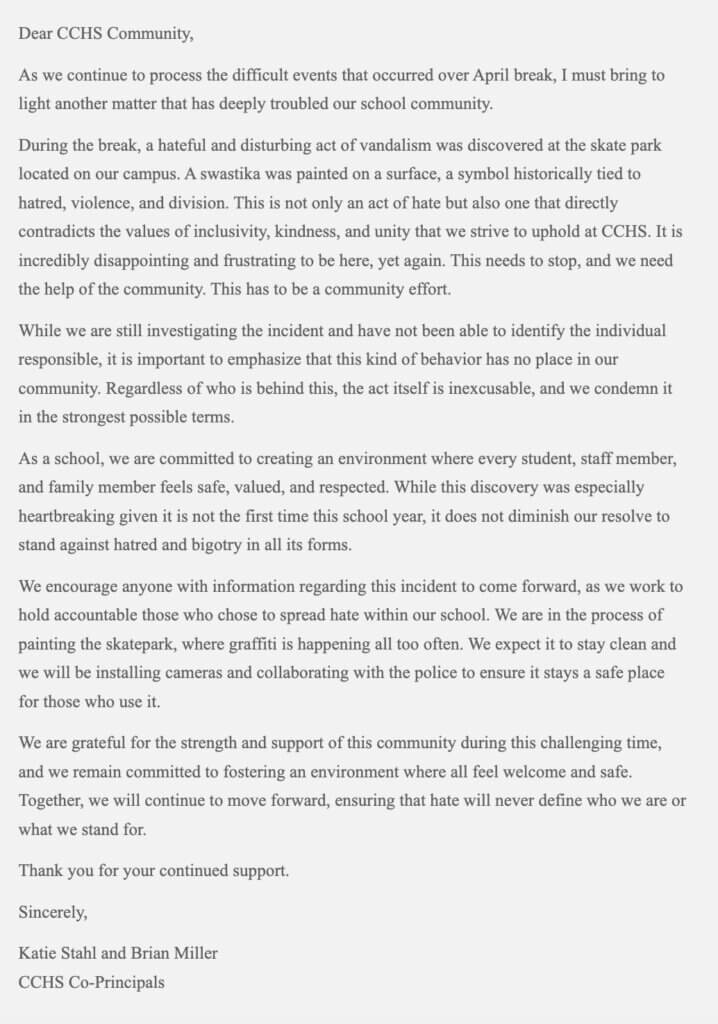 The principals' Wednesday email to families.
