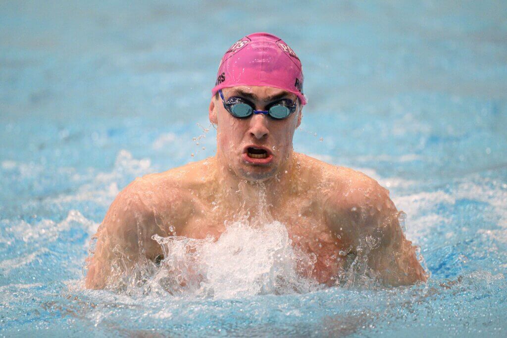 Presley Rodgers swims the 100 breaststroke at the MIAA Division 1 Championships last Sunday. Photo by Jon Straggas