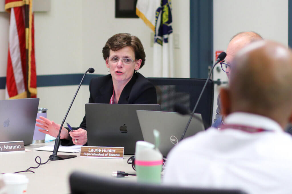 Schools Superintendent Laurie Hunter discusses the AI policy at a School Committee meeting. Photo: Trace Salzbrenner/The Acton Bridge