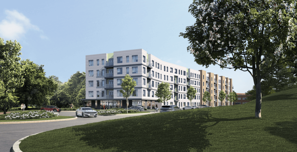 A developer’s illustration shows one of two planned buildings in the Novo Riverside Commons development. Image via Cube3 Studio