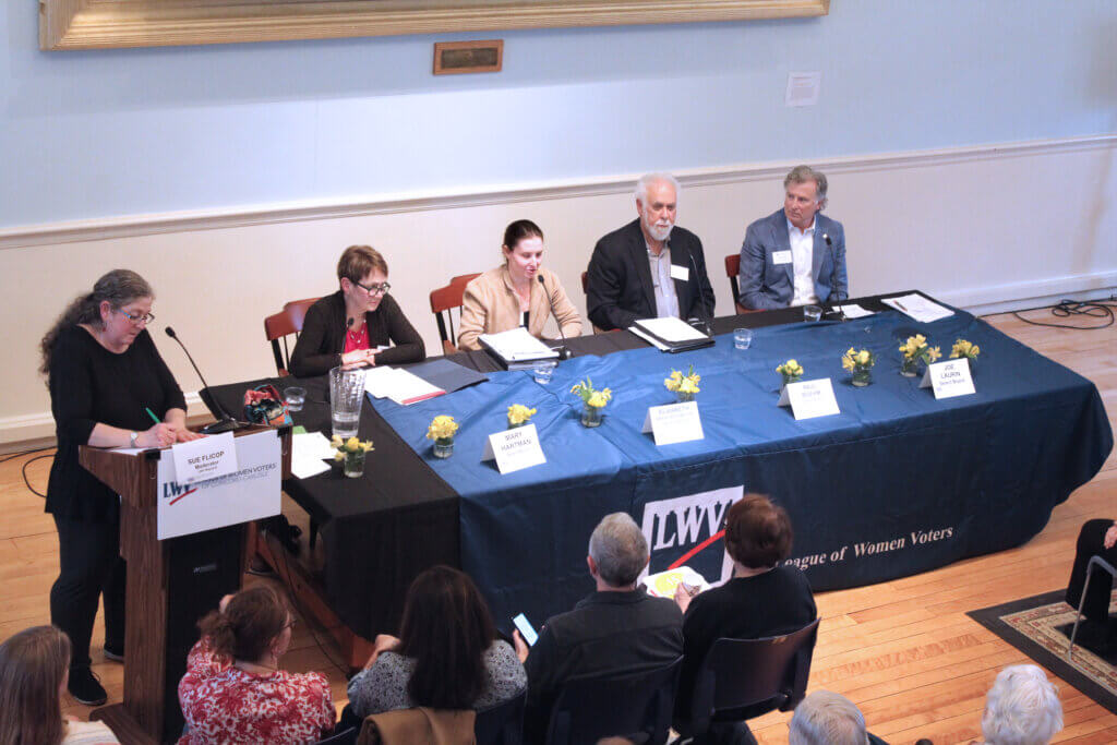 Select Board candidates made their case on Sunday. Seated, left to right: Mary Hartman, Elizabeth Akehurst-Moore, Paul Boehm, and Joe Laurin.
