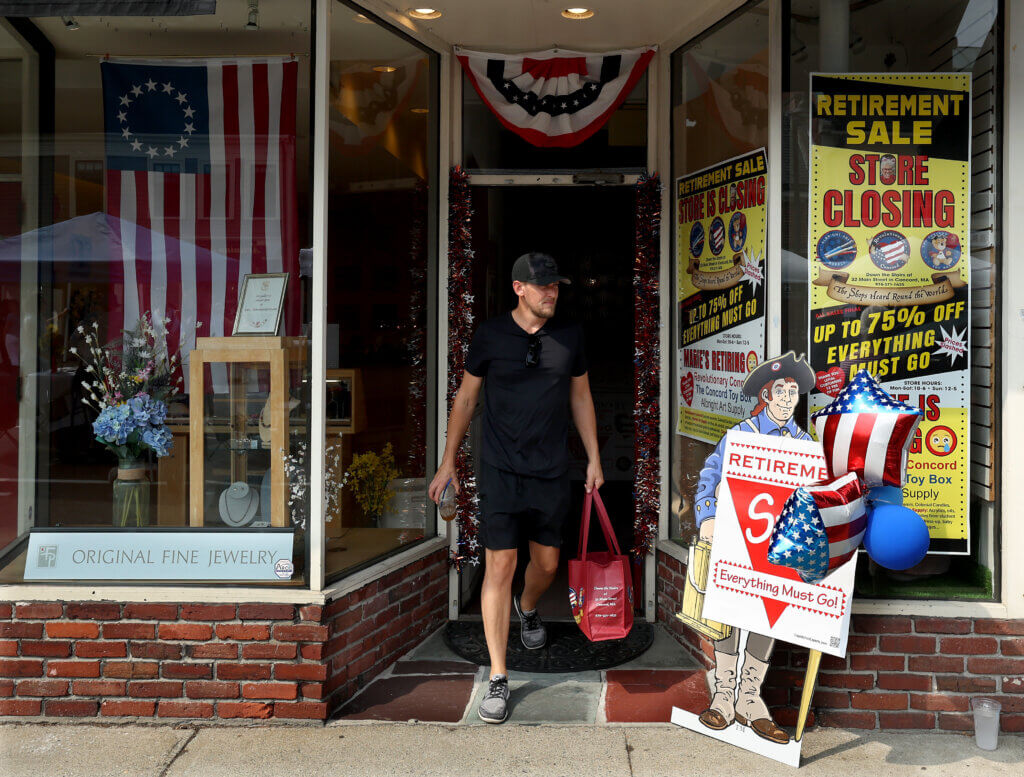 A customer leaves the Revolutionary Acton shop at 32 Main Street in Acton on Saturday, September 6, 2025 After thirty years in business in Acton, owner Marie Foley has decided to retire and close her eclectic gift shop. Ken McGagh/The Acton Bridge
