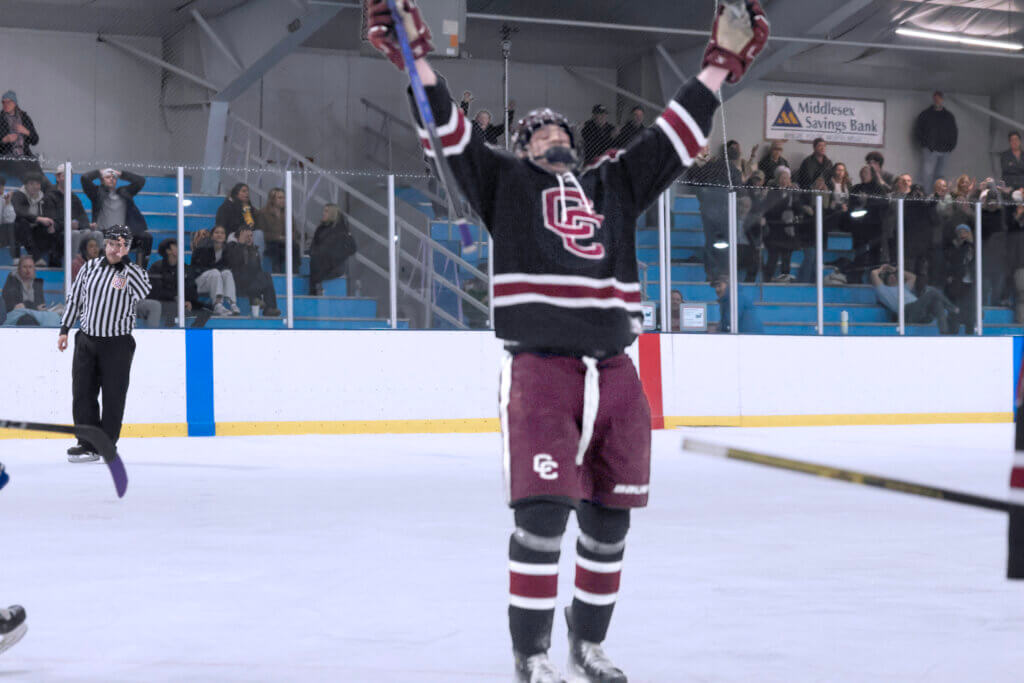 Cam Doull celebrates Joe Grasso’s first goal of the night. Photo by Leslie Bailey
