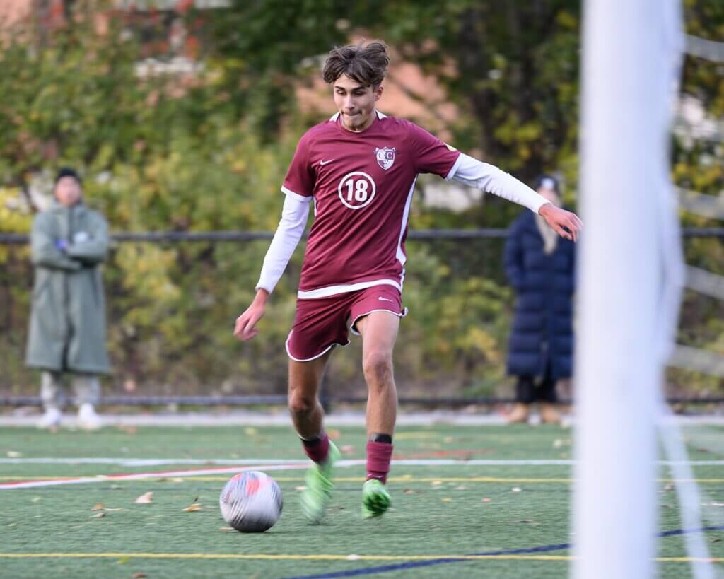 Max Hepworth makes it 2-0 Patriots on an assist from Harry Growney in the match against Westford Academy on October 16. Photo by Jon Straggas