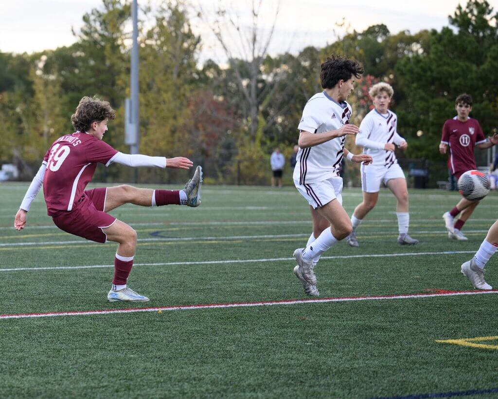 Owen Tompsett scores to give CC a 1-0 lead over Westford Academy on October 16. Photo by Jon Straggas