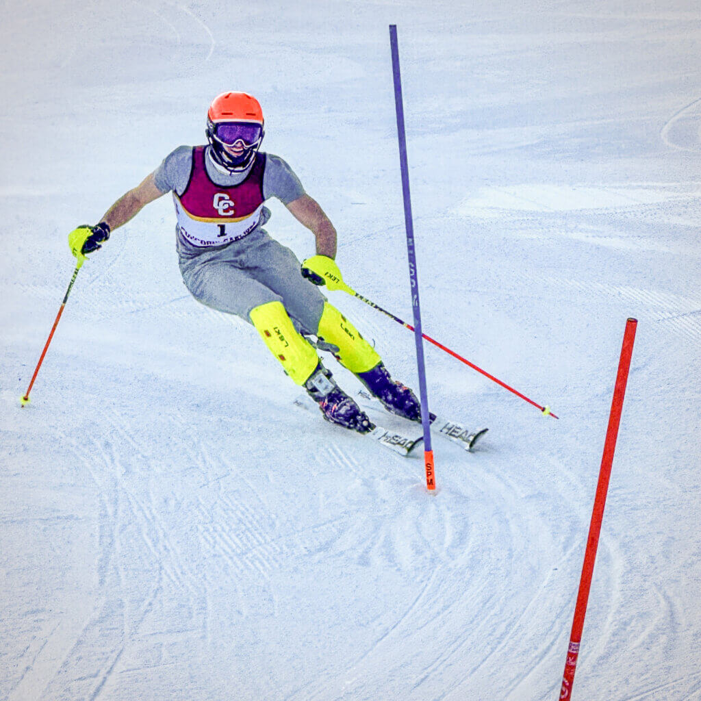 CCHS co-captain Theo Remington placed first overall in the boys slalom at the Mass Bay West All-League Race on February 18 at Nashoba Valley. In all, 16 teams and 212 skiers competed. Photo by Doug Remington