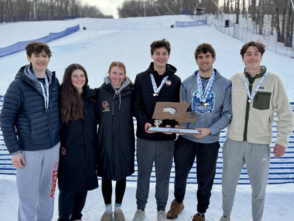 Acton-Carlisle’s Alpine skiing state-qualifying skiers (from left): 
Jakab Renyi, Juniper Flint, Julia Reynolds, Jamie Poole, Theo Remington, and Will Redmond. Photo by Doug Remingon