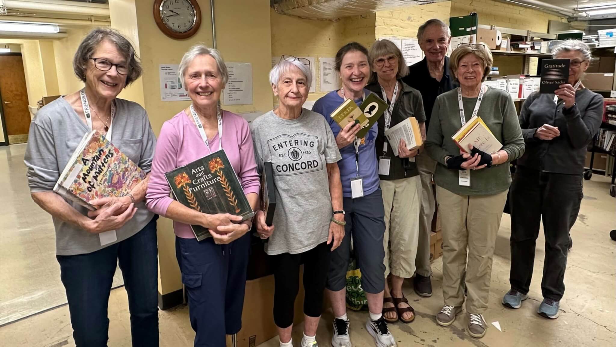 Volunteer sorters from the Friends of the CFPL, from left, Melissa Lang, Barb Fivek, Ellie Garvey, Fiona Stevenson, Penny Staples, Dick Greene, Claire Greene, and Cindy McLain. Courtesy photo