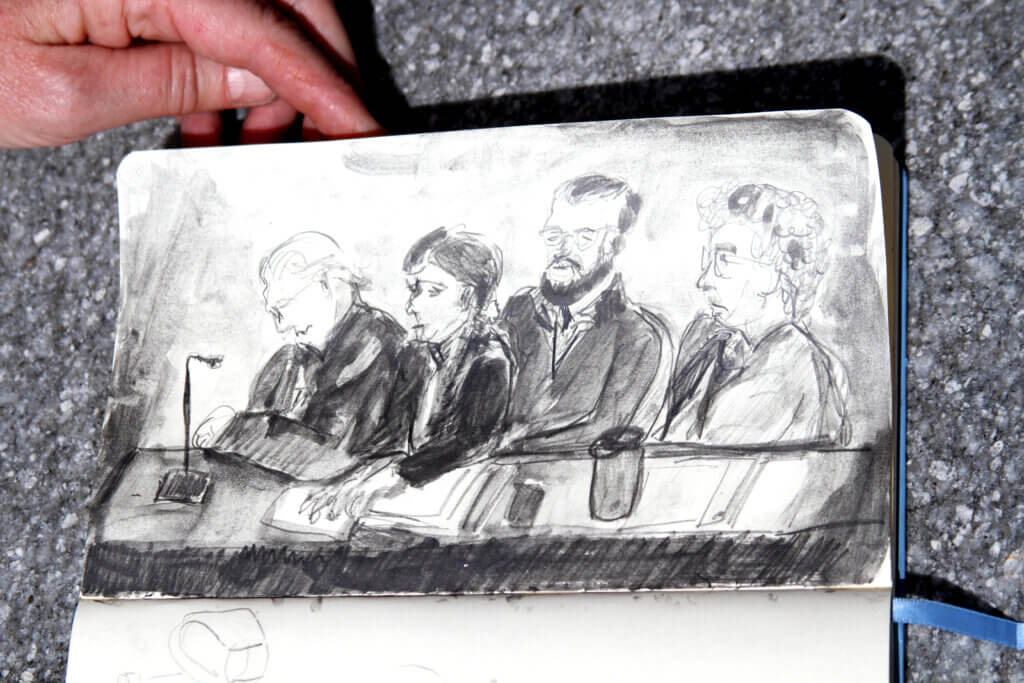 A courtroom illustration by artist and climate activist Sara-Larus Tolley depicts Brian Okum, second from right, and his legal team. Photo: Dakota Antelman/The Acton Bridge