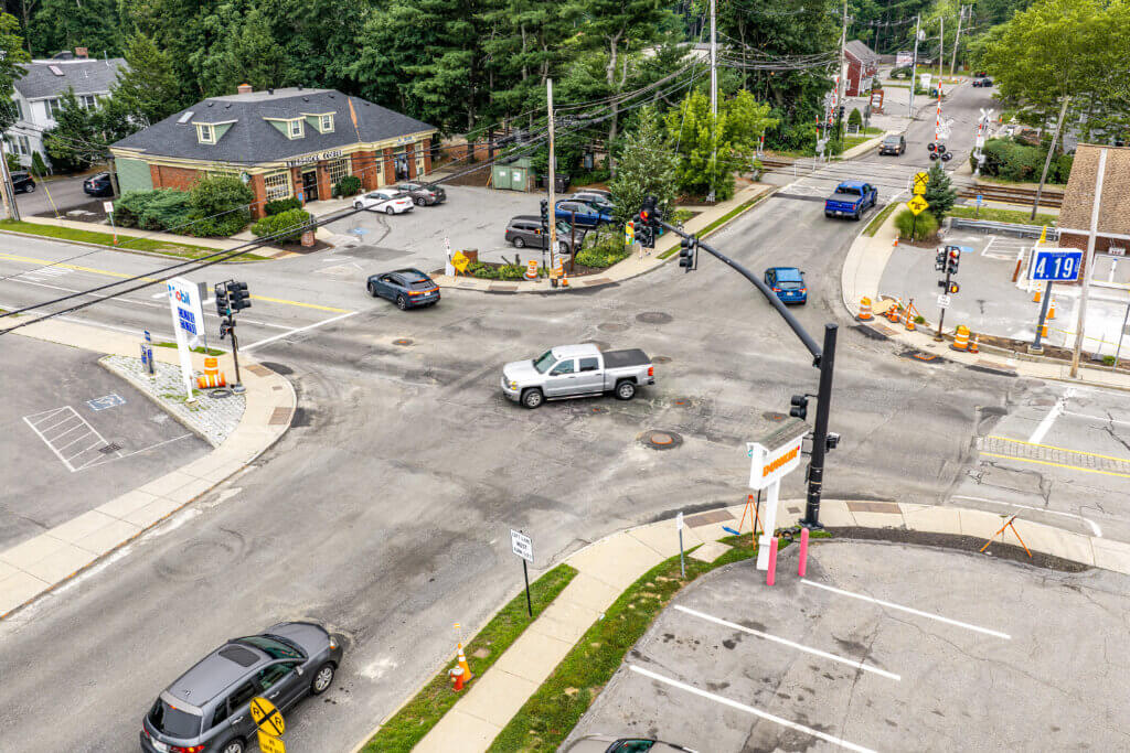 Sudbury Road and Thoreau Street had three motor vehicle collisions involving pedestrians and bicyclists from January 2019 to May 2026. Two occurred in 2025. Photo: Carl Calabria/The Acton Bridge