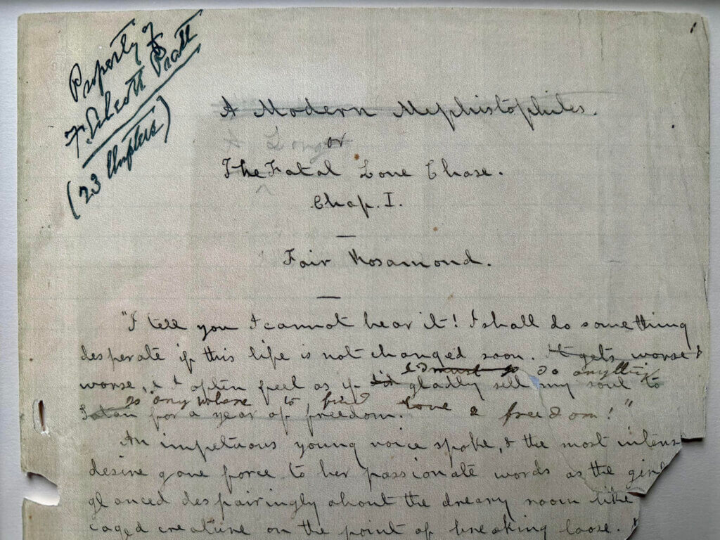 The opening chapter of the original manuscript for "A Long Fatal Love Chase," a Gothic thriller by Louisa May Alcott. Courtesy of Special Collections
