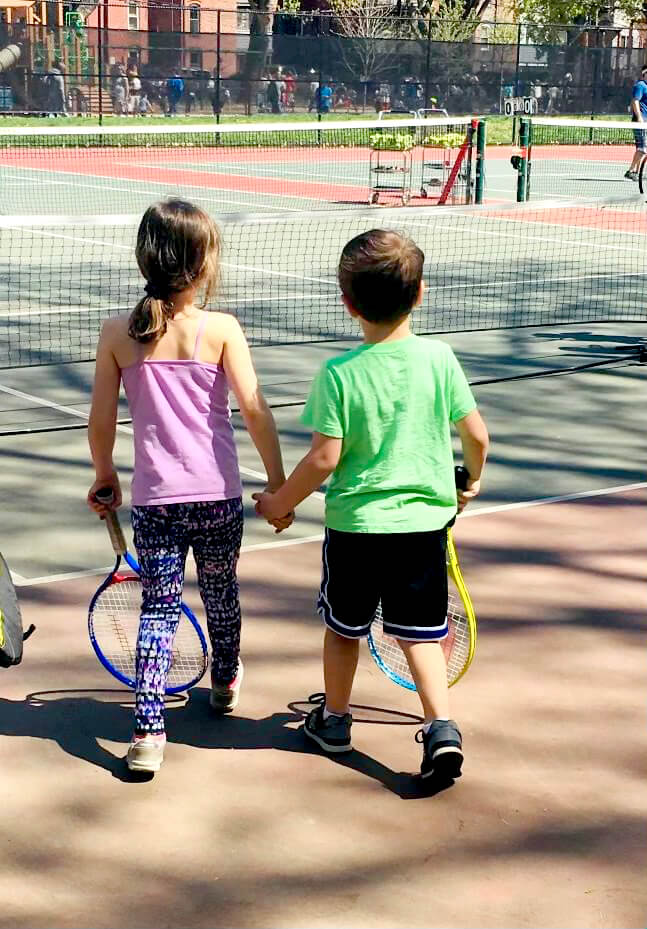 Valentina at her first tennis lesson in 2018 with friend Bennett Horst. Photo courtesy of Abby Nein