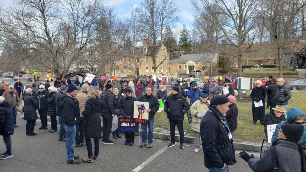Demonstrators gathered on Saturday in a "memorial procession" organized by Acton Indivisible. Photo courtesy of Jonathan Aibel