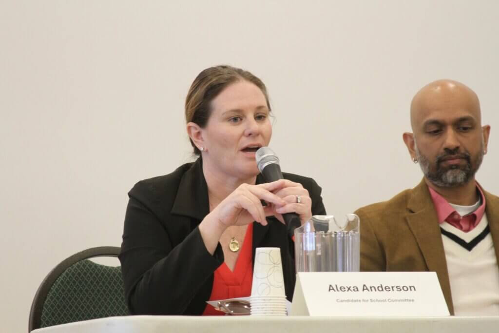 Alexa Anderson, left, speaks during a spring forum for School Committee candidates. Photo: Dakota Antelman/The Acton Bridge