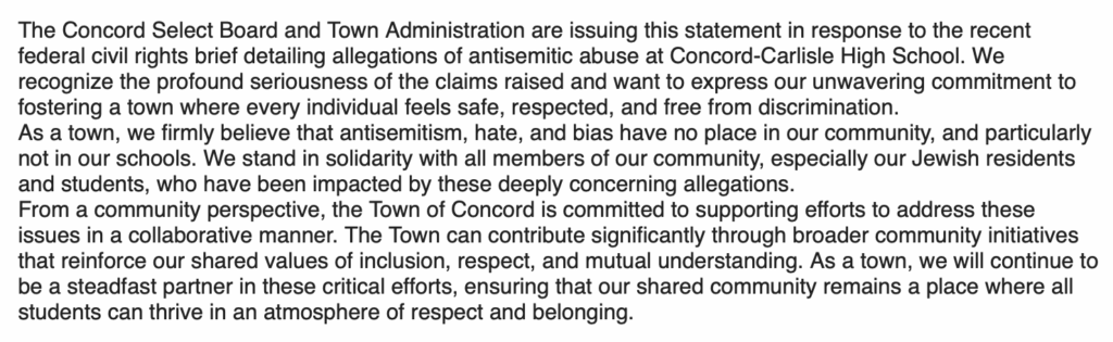 The full text of the town's statement.