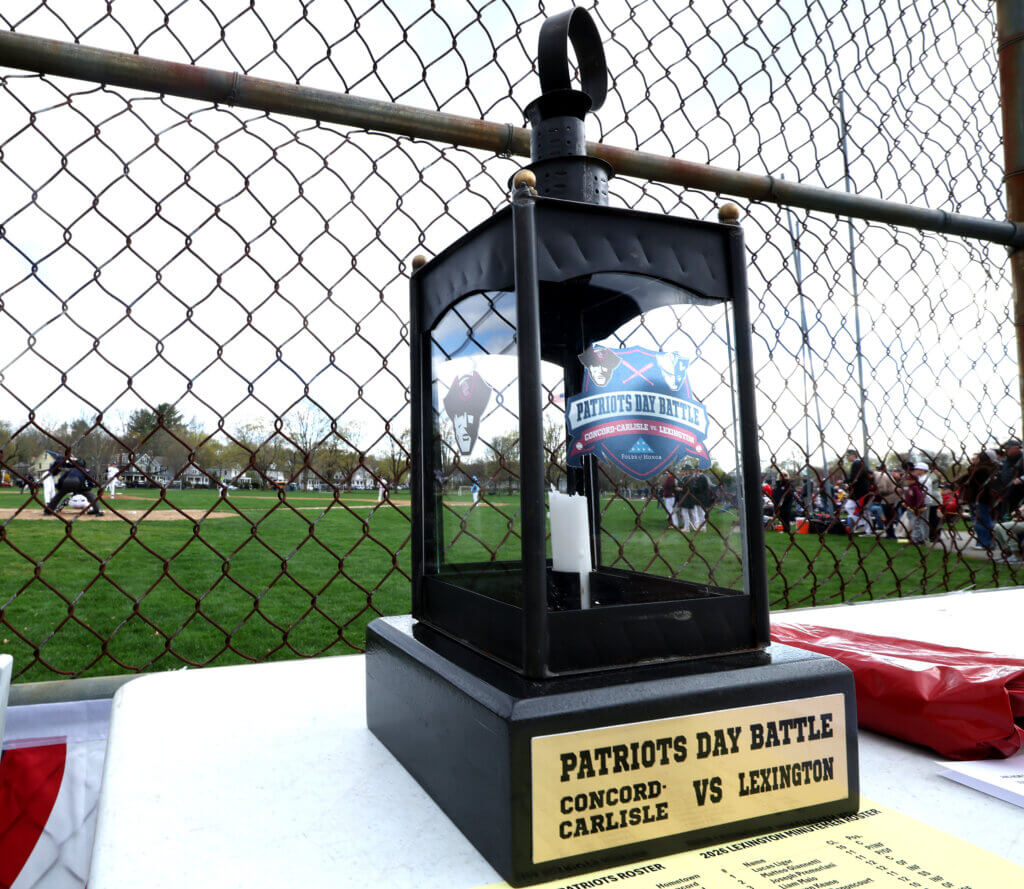 The Patriots Day Battle lantern trophy stands ready for the taking ahead of the holiday showdown between the Acton-Carlisle Patriots and the Lexington Minutemen. Photo: Ken McGagh/The Acton Bridge