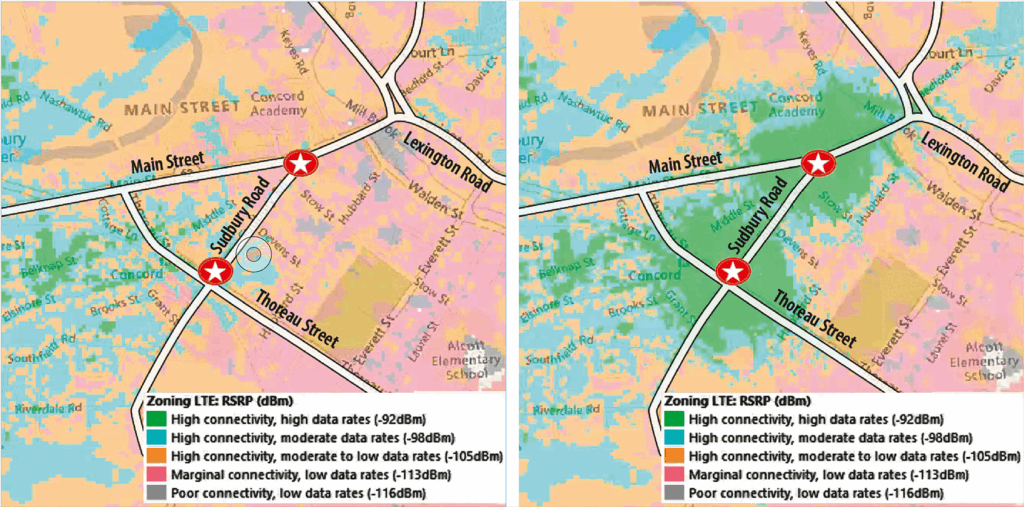 Before and after illustrations show AT&T’s projected coverage area from two new low-power antennas in Acton Center and Thoreau Depot. Graphics: Kim Carpenter/The Acton Bridge