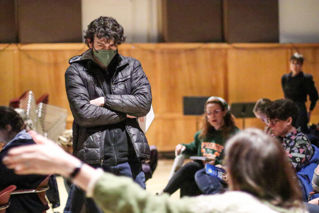 Michael Jay takes questions from cast members. After multiple onstage appearances in Acton, this will be Jay’s first time directing for the Players. He previously played Christopher with another troupe. Photo: Trace Salzbrenner/The Acton Bridge