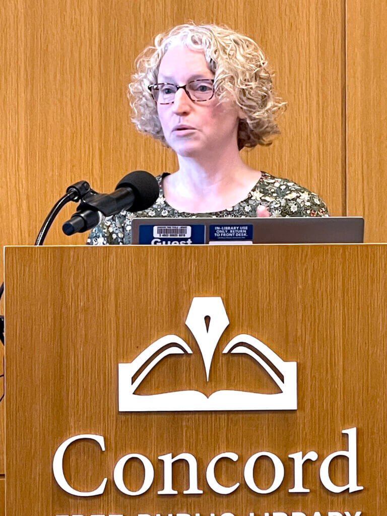 Beth van Duzer shares her research with an audience at the Acton Free Public Library. Photo: Laurie O’Neill/The Acton Bridge