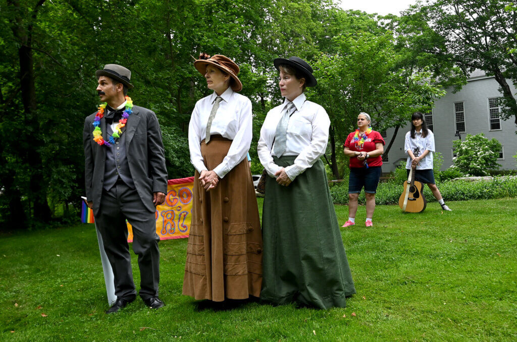 Ed Feather, left, as Daniel Chester French, sculptor of the Minute Man and Lincoln Memorial statue, stands with Stefanie Cloutierm who portrays artist and philanthropist Elizabeth Wentworth Roberts and Amy Cole as golf champion Grace Keyes. Companions Roberts and Keyes founded the Acton Art Association. 
