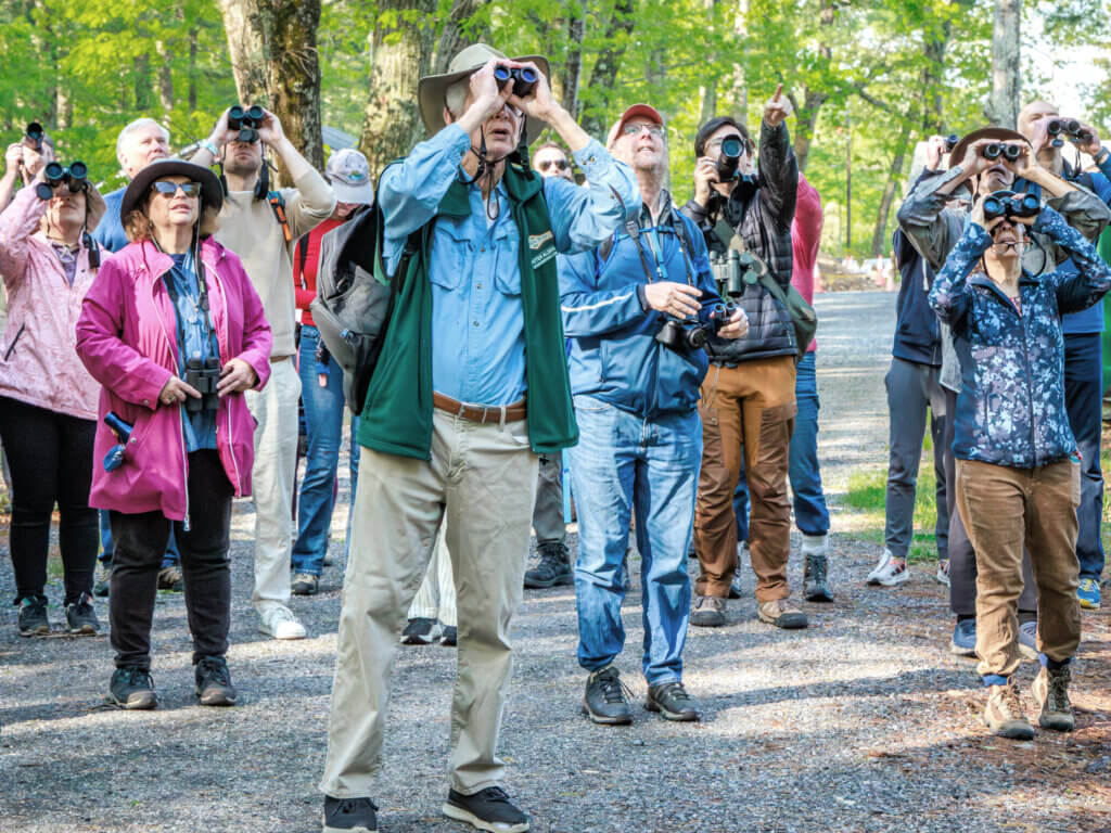Peter Alden leads a recent nature and bird walk at Walden Pond. Photo: Jean Fain/The Acton Bridge